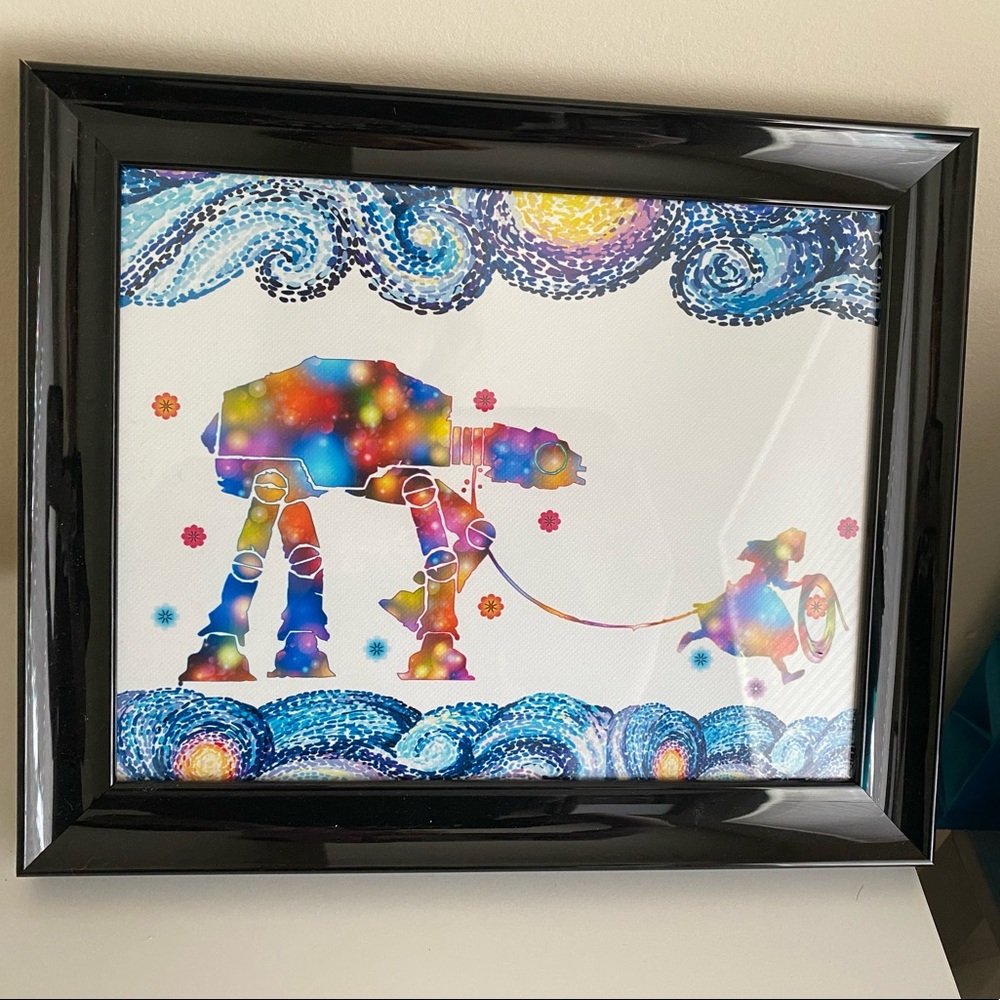 NEW Framed. Van Gogh’s Starry Night meets Alice in Wonderland w/ Star Wars AT-AT